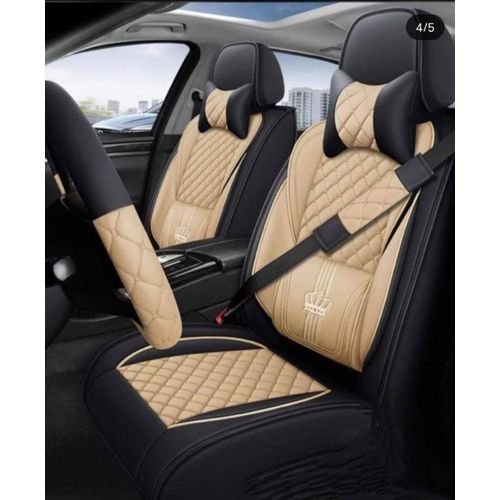Crown Leather Car Seat Cover - Face Cream & Back Black | Premium Universal Fit