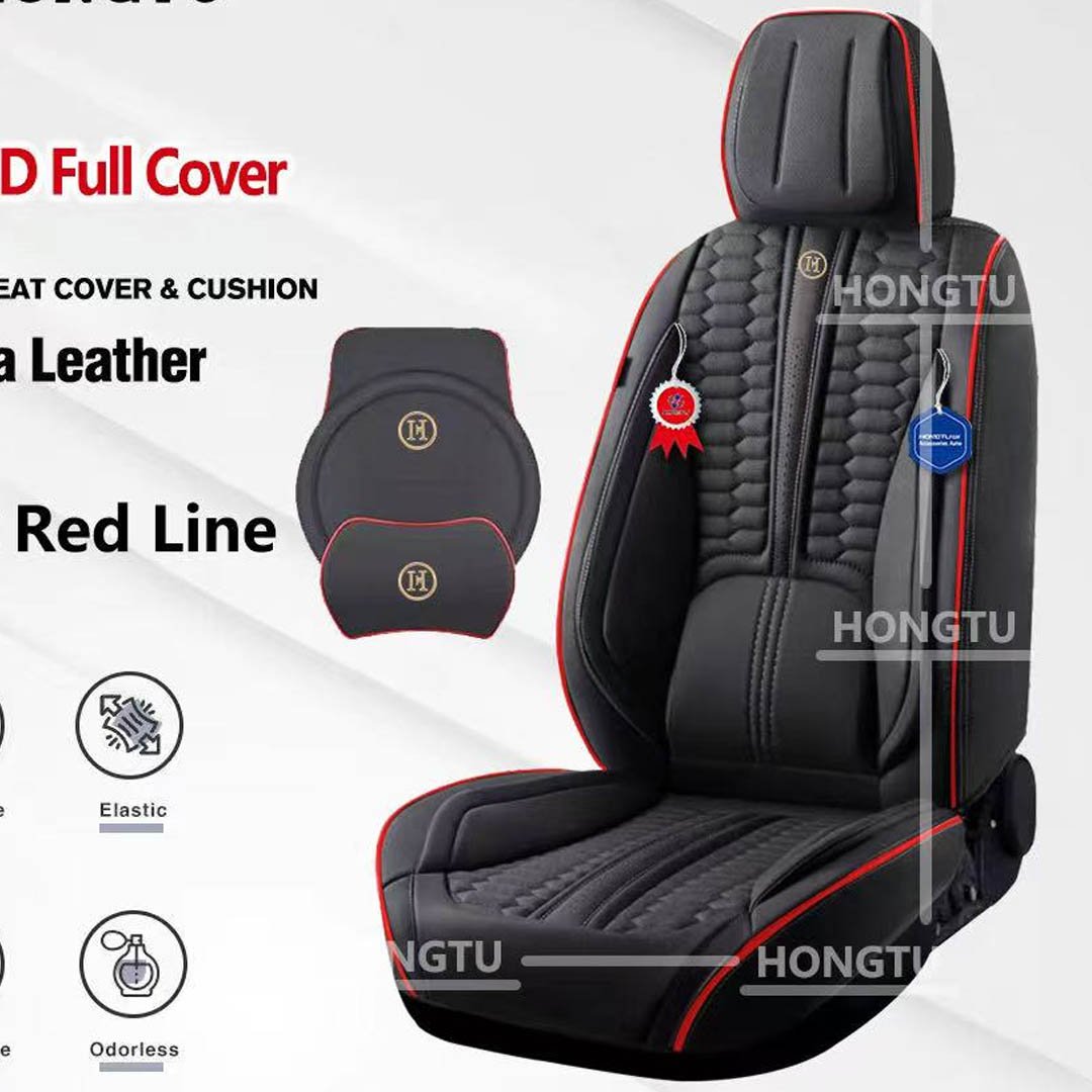 Black Nappa Leather Seat Cover with Red Line - Full Coverage