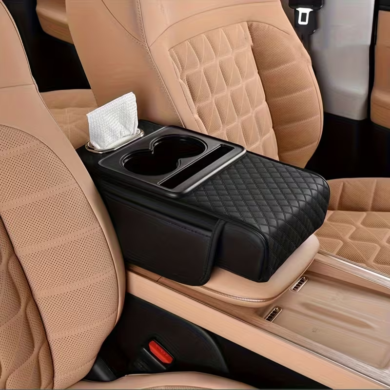 Universal 5-in-1 Car Armrest Cover with Tissue Box - All Black