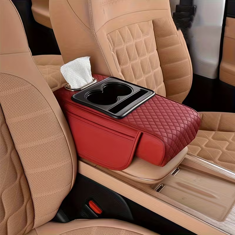Universal 5-in-1 Car Armrest Cover with Tissue Box - All Red