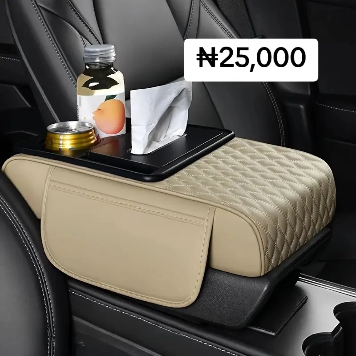 Universal 5-in-1 Car Armrest Cover with Tissue Box - Cream