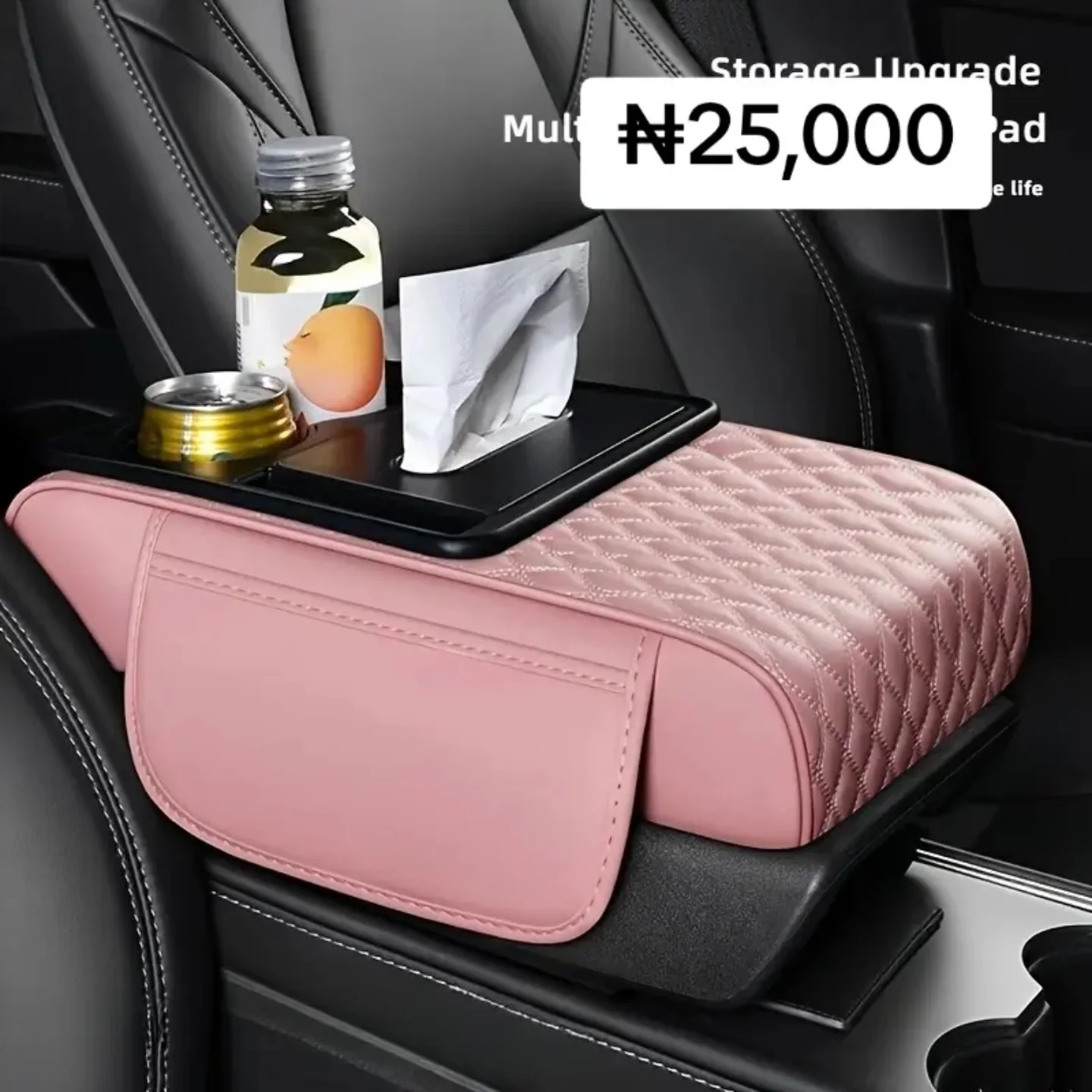 Universal 5-in-1 Car Armrest Cover with Tissue Box - Pink