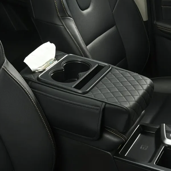 Leather Car Armrest with Cup Holder & Tissue Box - Multifunctional black