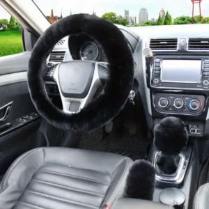 3pcs Wool Fur Soft Furry Steering Covers - Black Steering cover